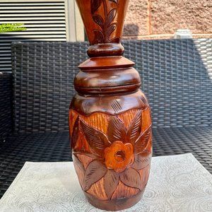 Vintage 18 Inch Tall Hand Carved Wooden Vase Haitian Folk Art, Floral Design